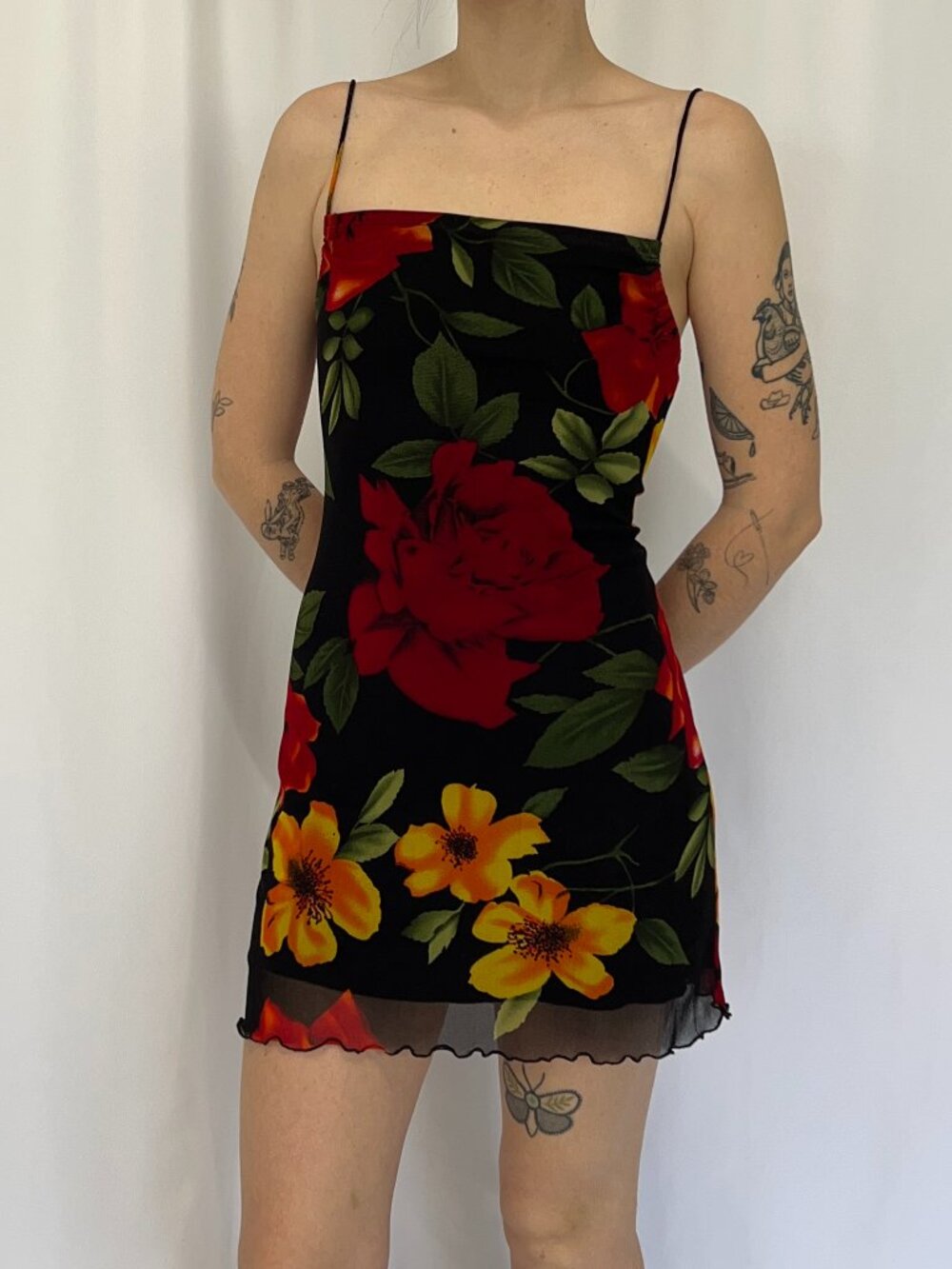 Y2K Black Floral Mesh Mini Slip Dress